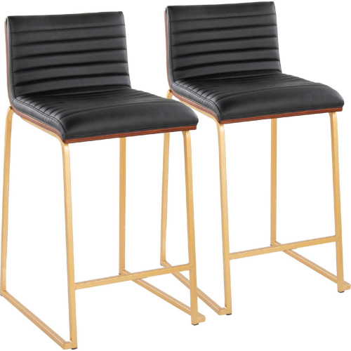 Mason Mara 26" Counter Stool in Gold, Walnut Wood & Black Leatherette (Set of 2)